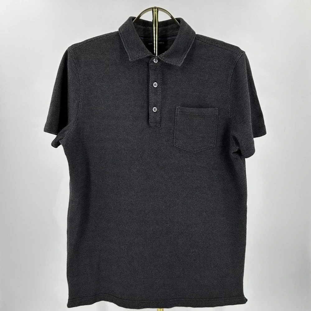 Banana Republic Mens Standard Fit Polo Shirt Black/Gray Textured Pocket L Tall